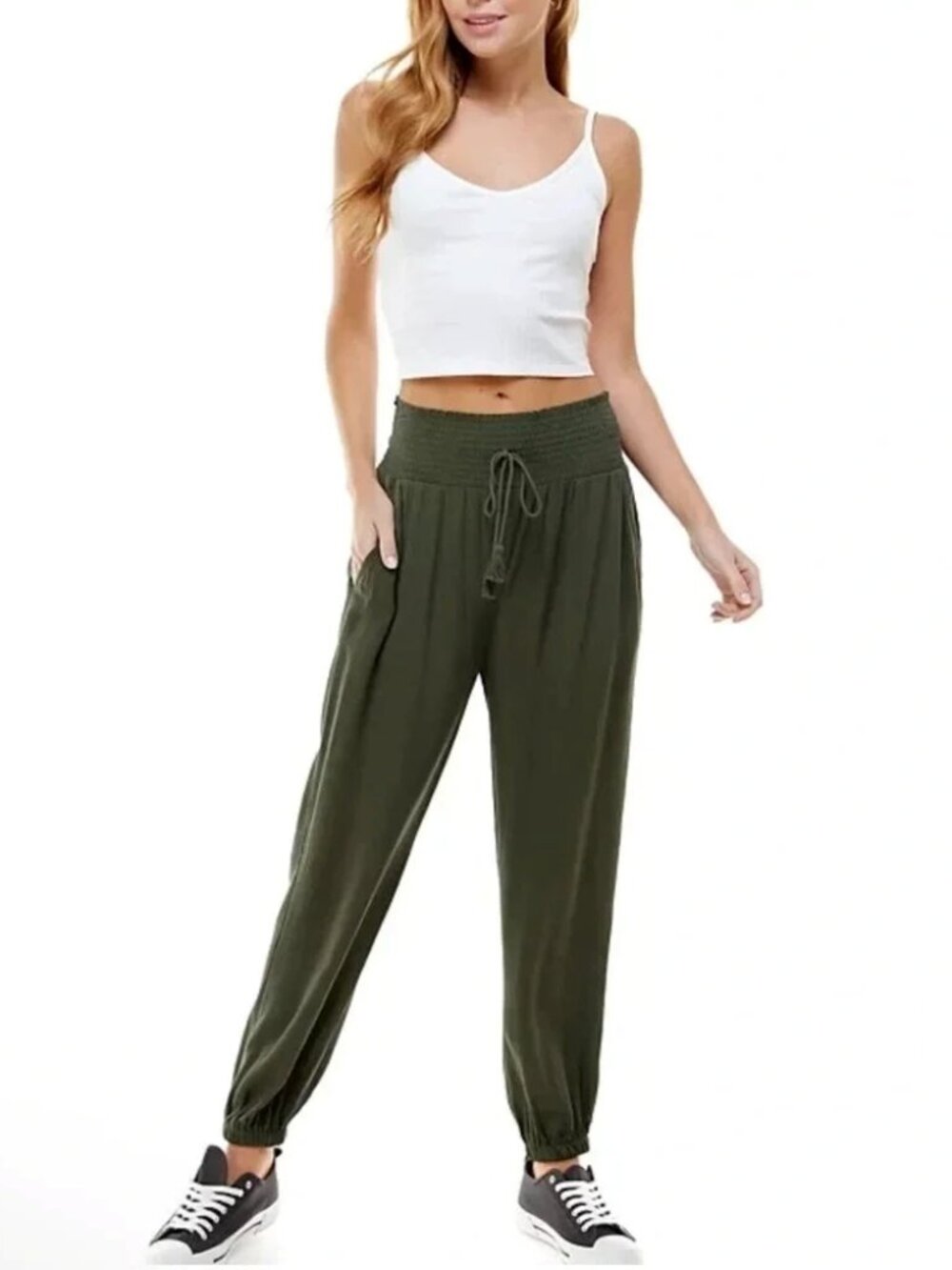 Kingston Grey Green Olive Smocked Waist Juniors Joggers Size Large - NWT